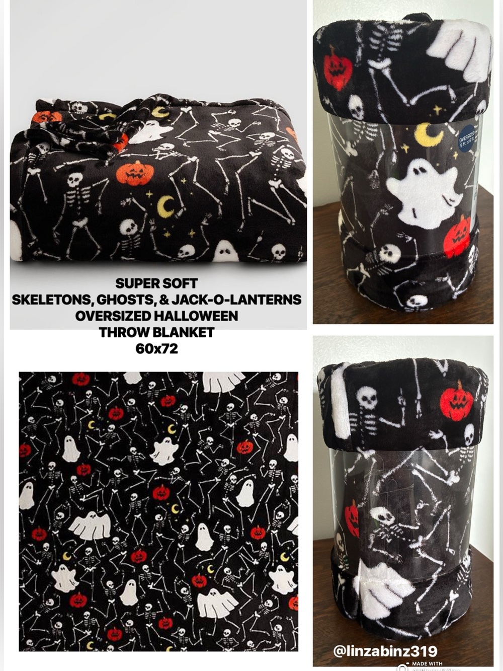 NWT-Super Soft- Skeltons & Ghosts- Oversized Plush Halloween Throw Blanket 60x72